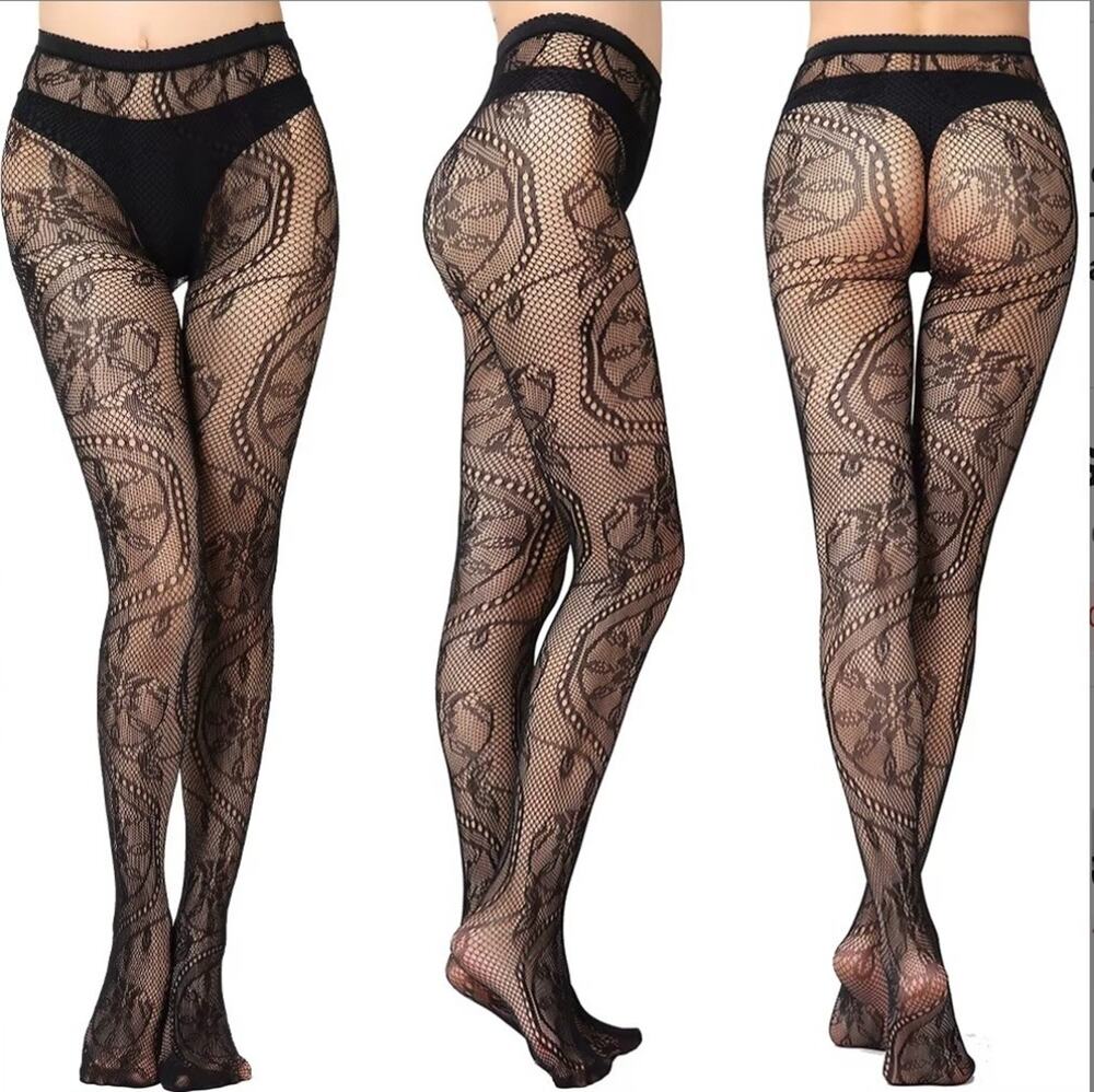 Gothic Victorian Vampire Dark Fairycore Black Floral Lace Pantyhose Stockings